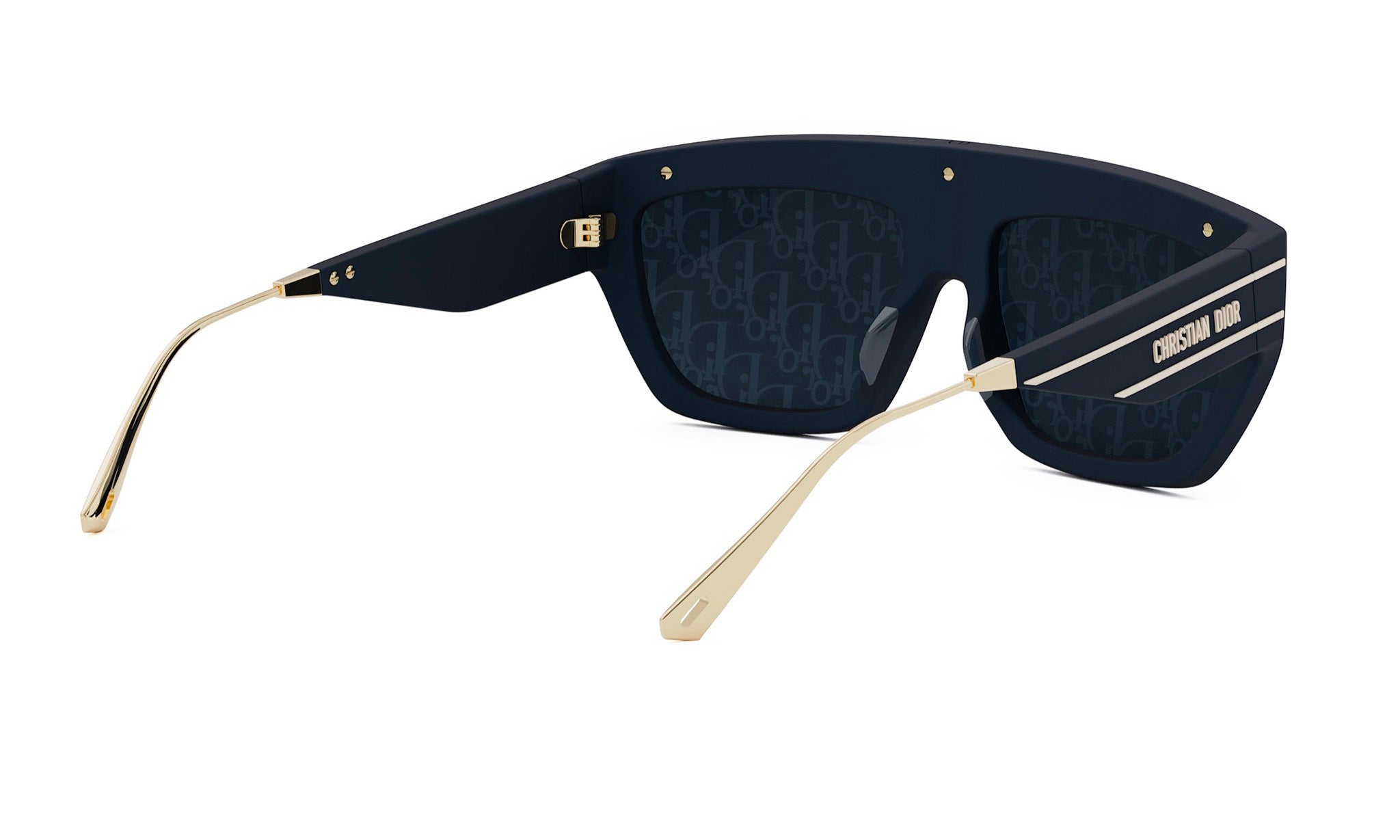 A pair of black sunglasses with gold accents, featuring a Dior logo on the frame.