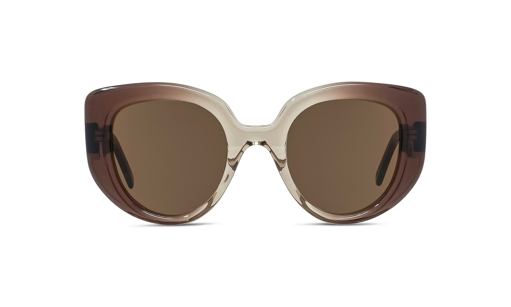 A pair of stylish sunglasses with a brown frame and clear lenses.