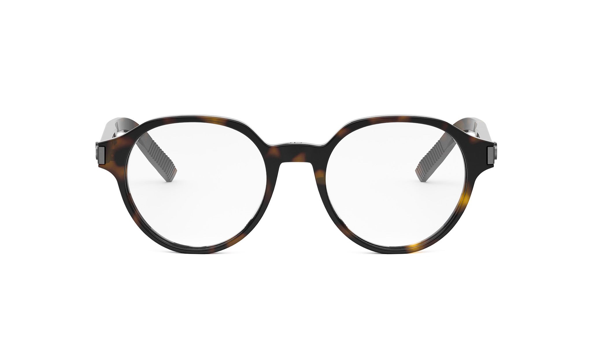 A pair of tortoiseshell-framed glasses with clear lenses, set against a white background.