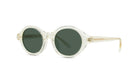 A pair of clear sunglasses with dark green lenses.