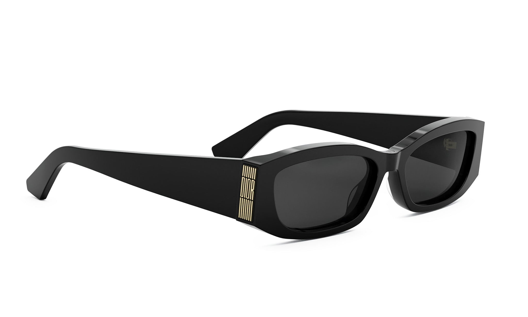 A pair of black sunglasses with a gold accent on the side.