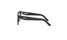 A pair of black-framed glasses with a gold-colored logo on the temples.