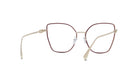 A pair of stylish, modern-looking eyeglasses with a maroon frame and thin, sleek design.