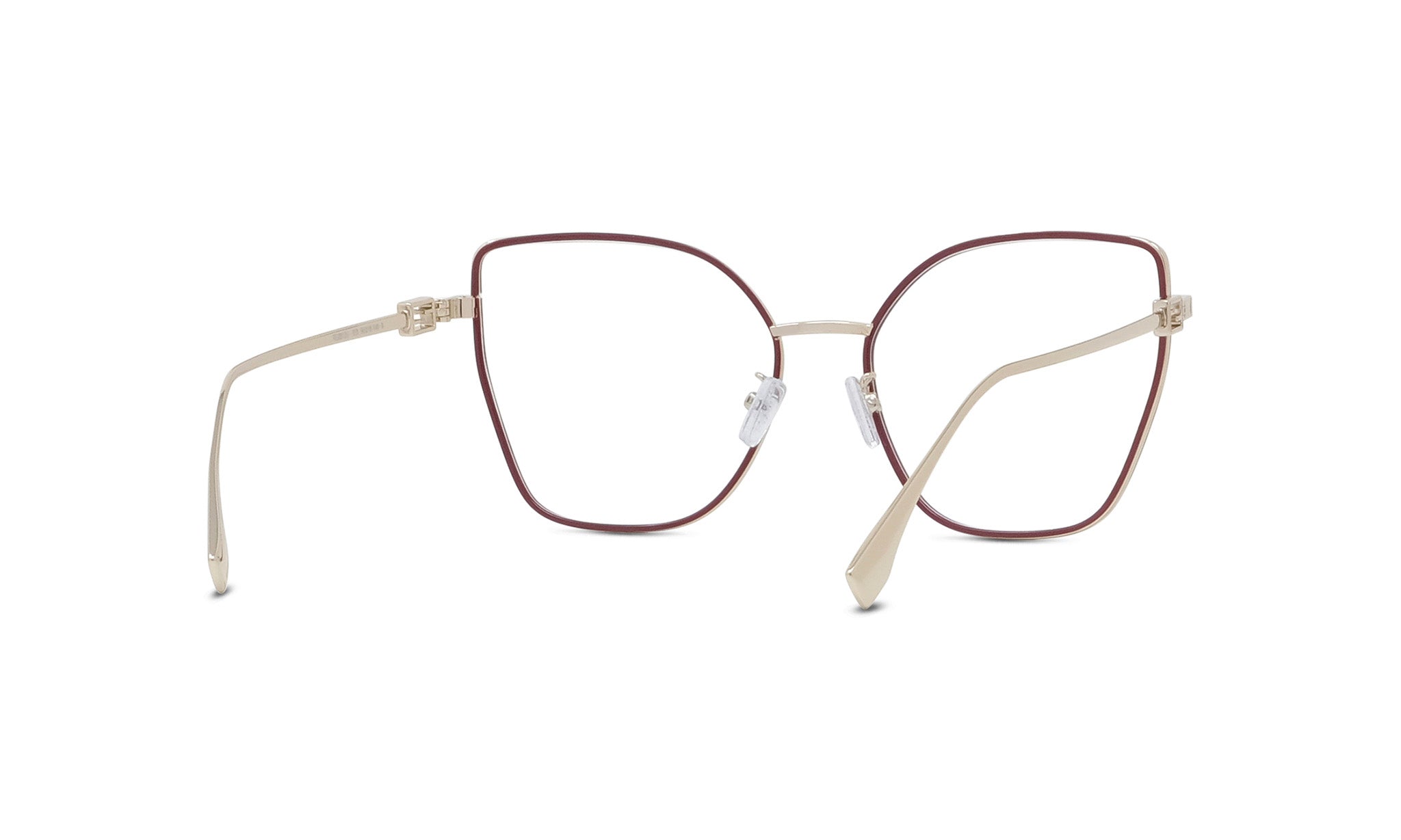 A pair of stylish, modern-looking eyeglasses with a maroon frame and thin, sleek design.
