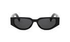 A pair of black sunglasses with dark lenses.