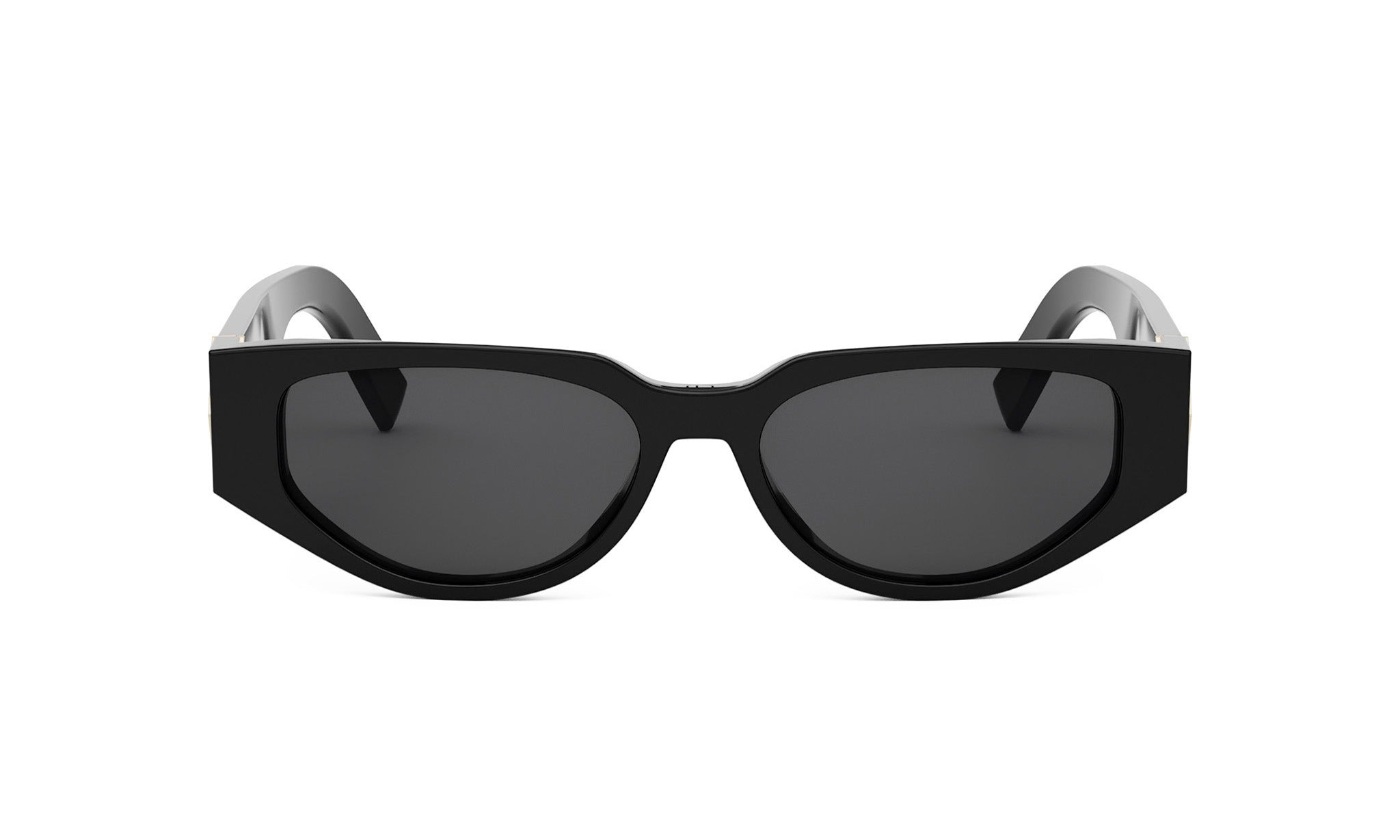 A pair of black sunglasses with dark lenses.