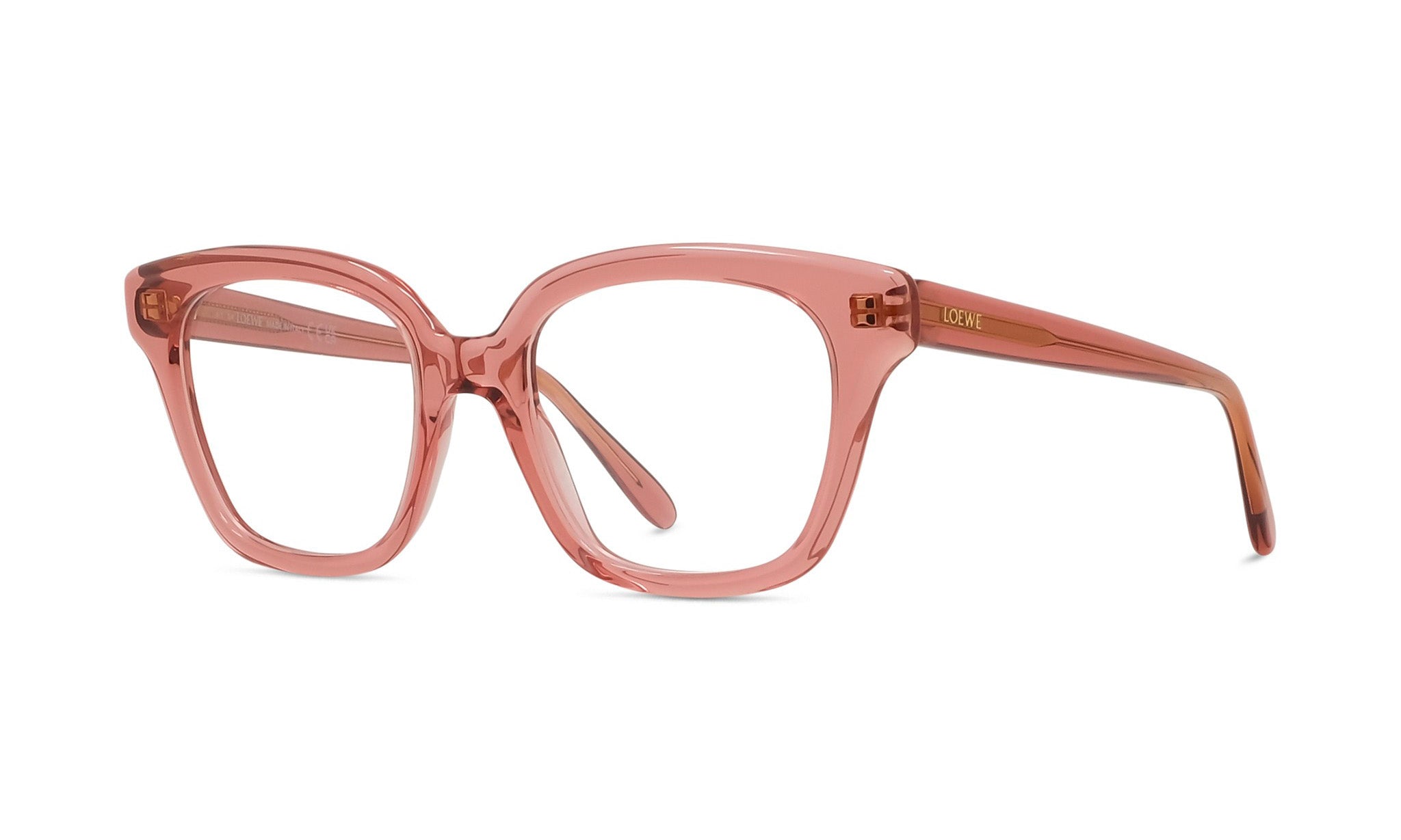 A pair of pink-framed glasses with a clear lens.