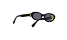 A pair of black sunglasses with gold accents, featuring a round frame and dark lenses.