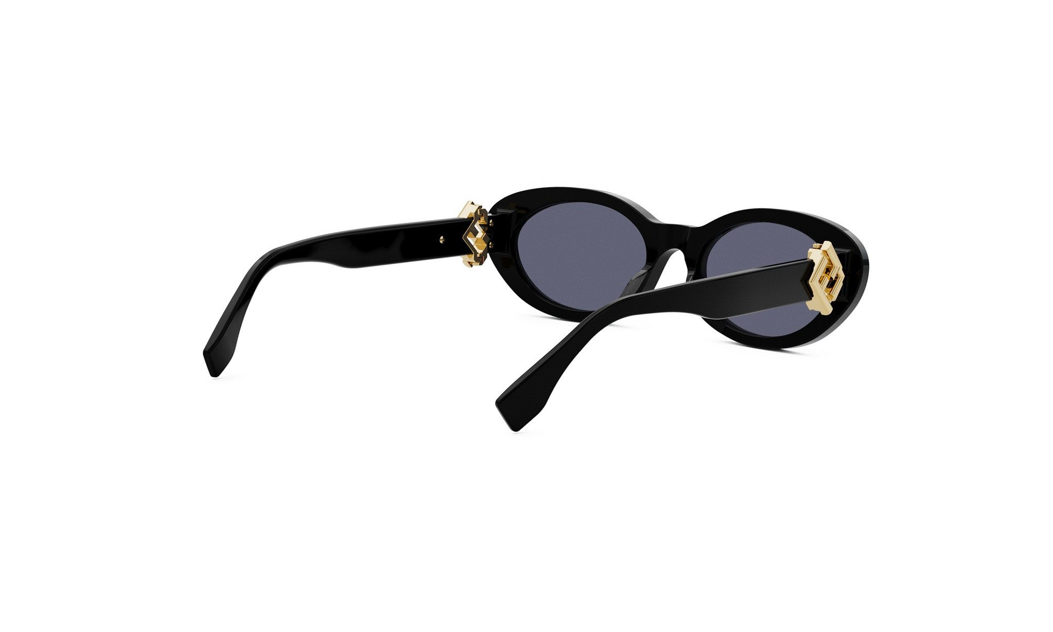 A pair of black sunglasses with gold accents, featuring a round frame and dark lenses.