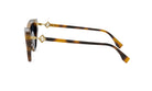 A pair of brown-framed sunglasses with gold accents, featuring a distinctive geometric pattern on the temples.