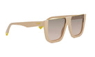 A pair of beige-colored sunglasses with a yellow frame, featuring a sleek and modern design.