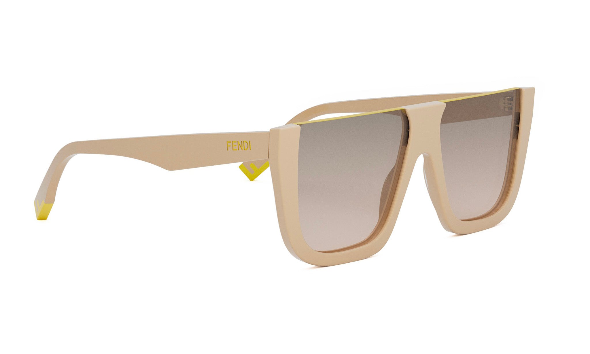 A pair of beige-colored sunglasses with a yellow frame, featuring a sleek and modern design.