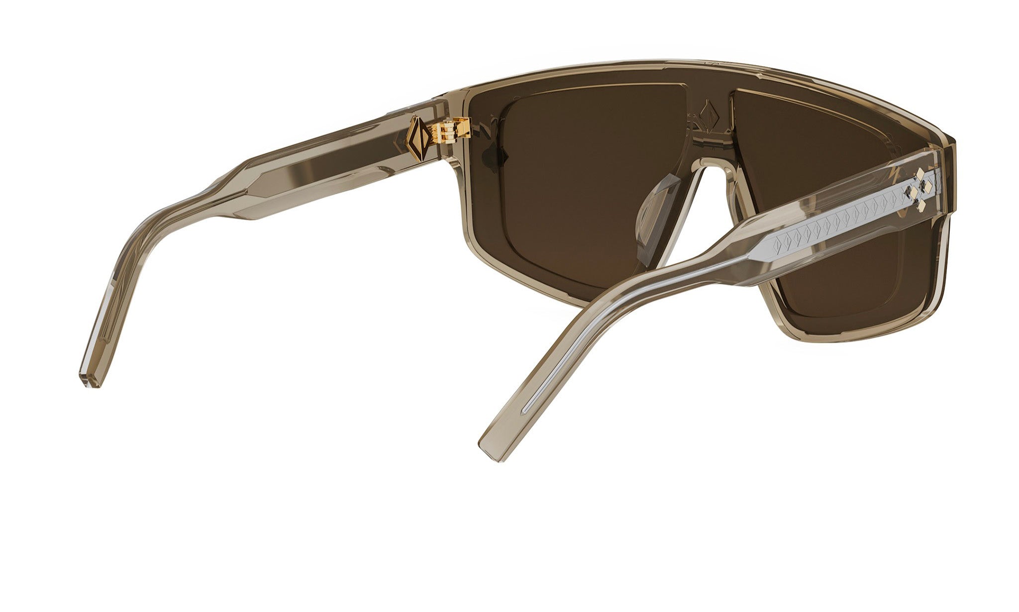 A pair of sunglasses with a dark brown frame and clear lenses.