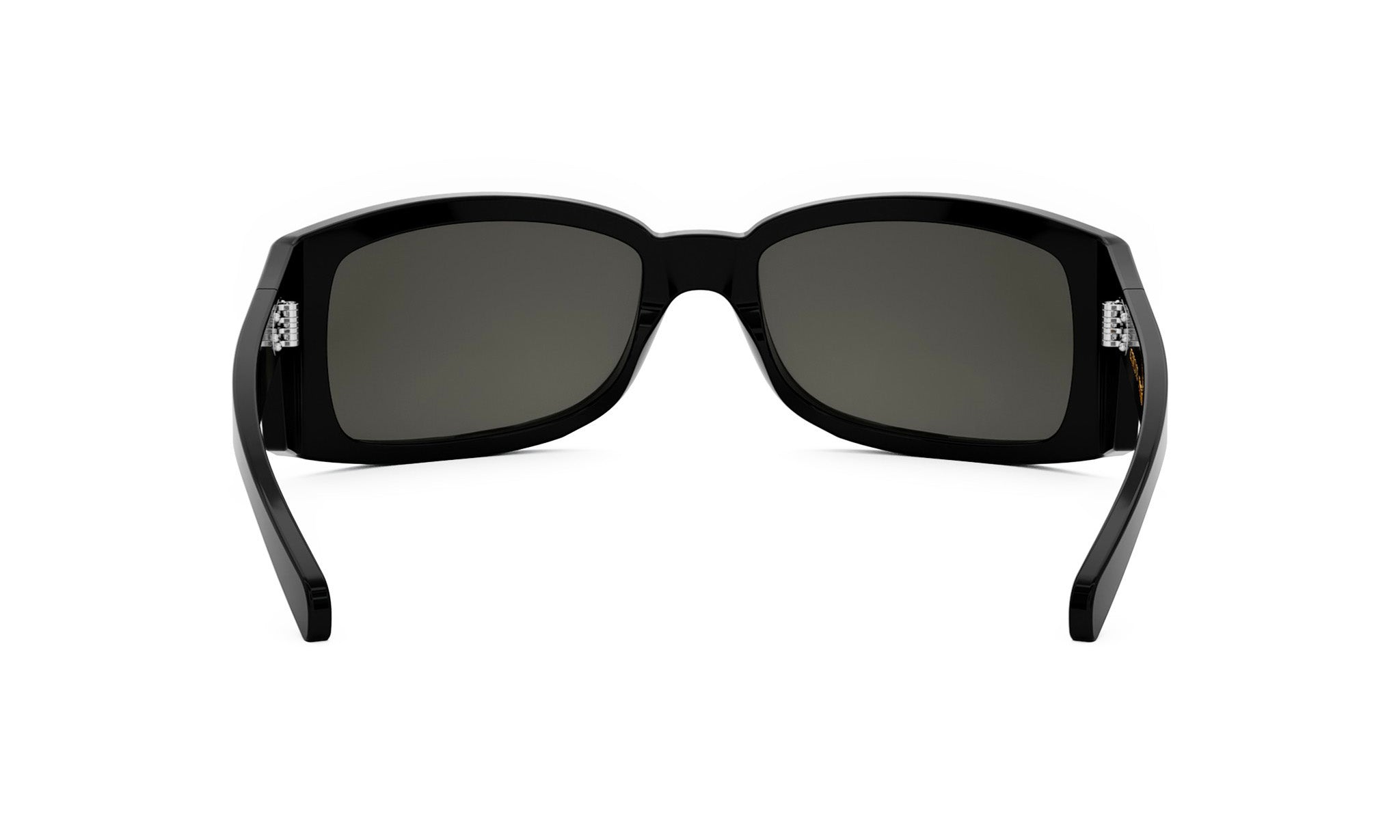 A pair of black sunglasses with dark lenses.