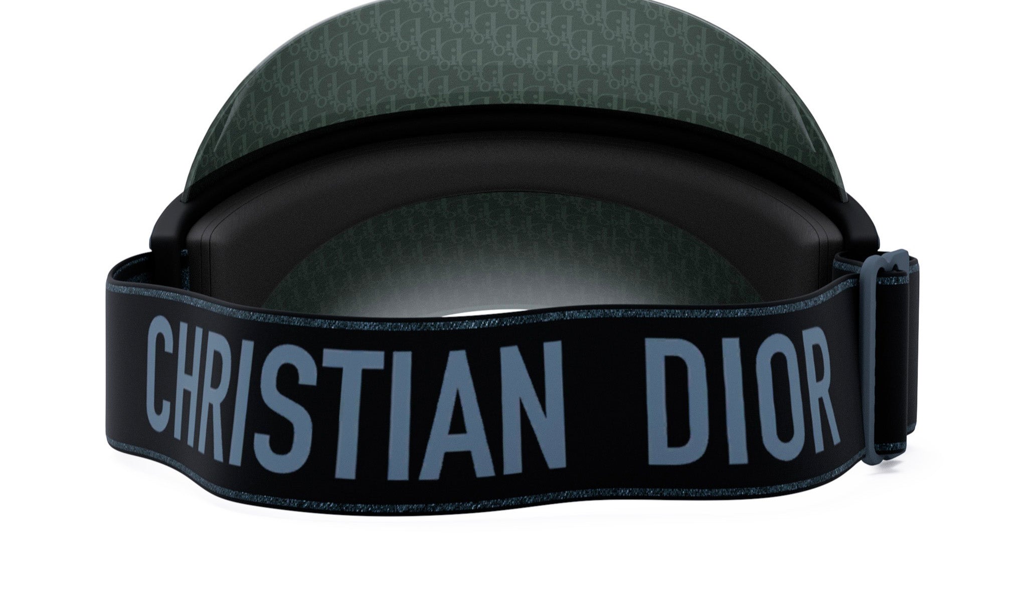A black and gray strap with the word "CHRISTIAN DIOR" printed on it.