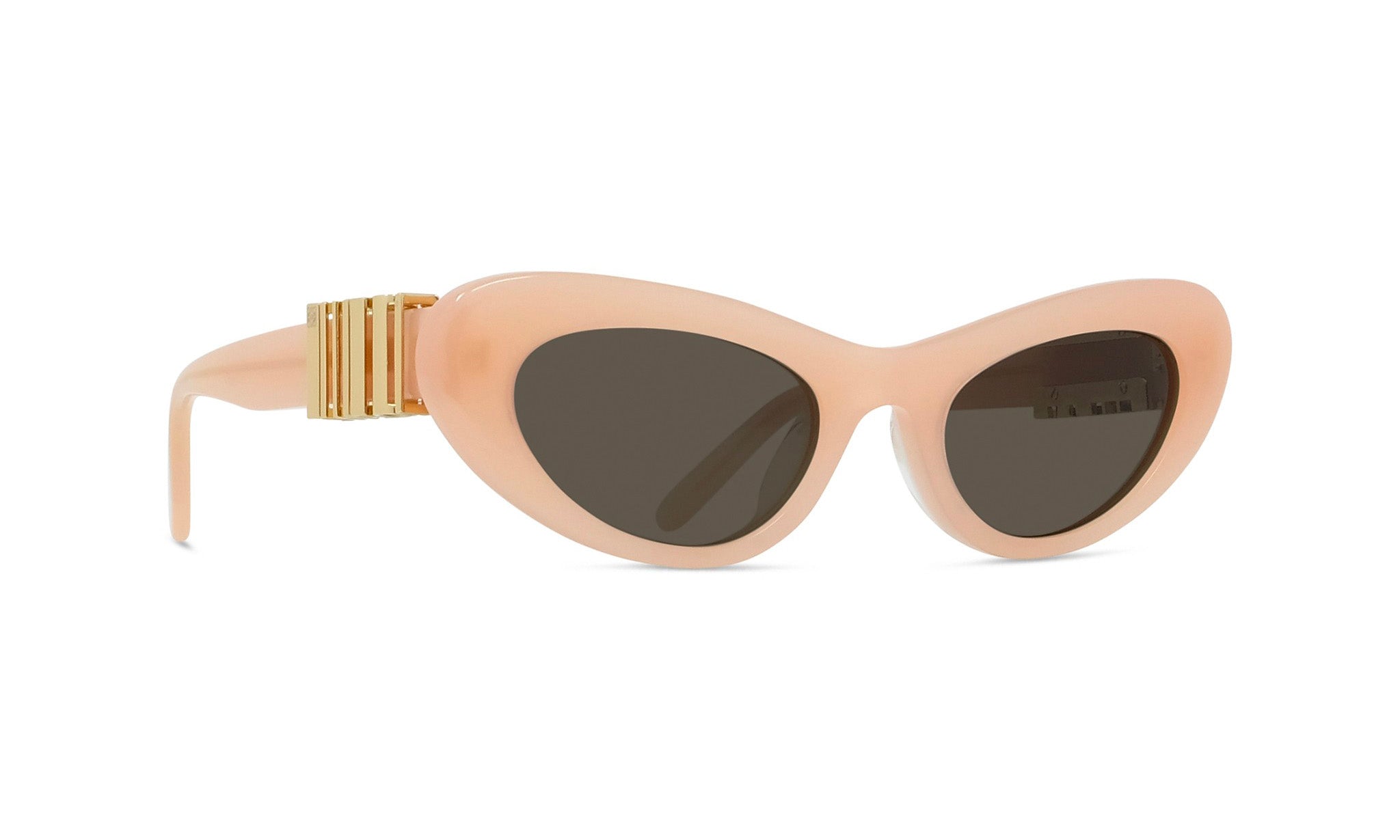 A pair of peach-colored cat-eye sunglasses with dark lenses.