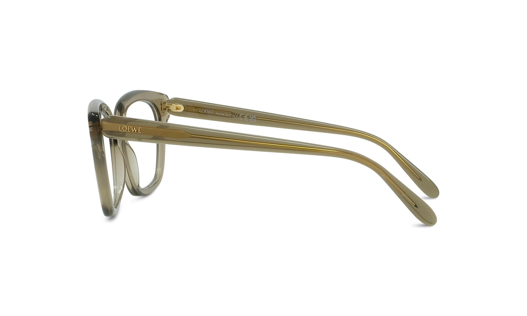 A pair of brown-framed eyeglasses with the LESS THAN 500 characters logo visible on the temples.