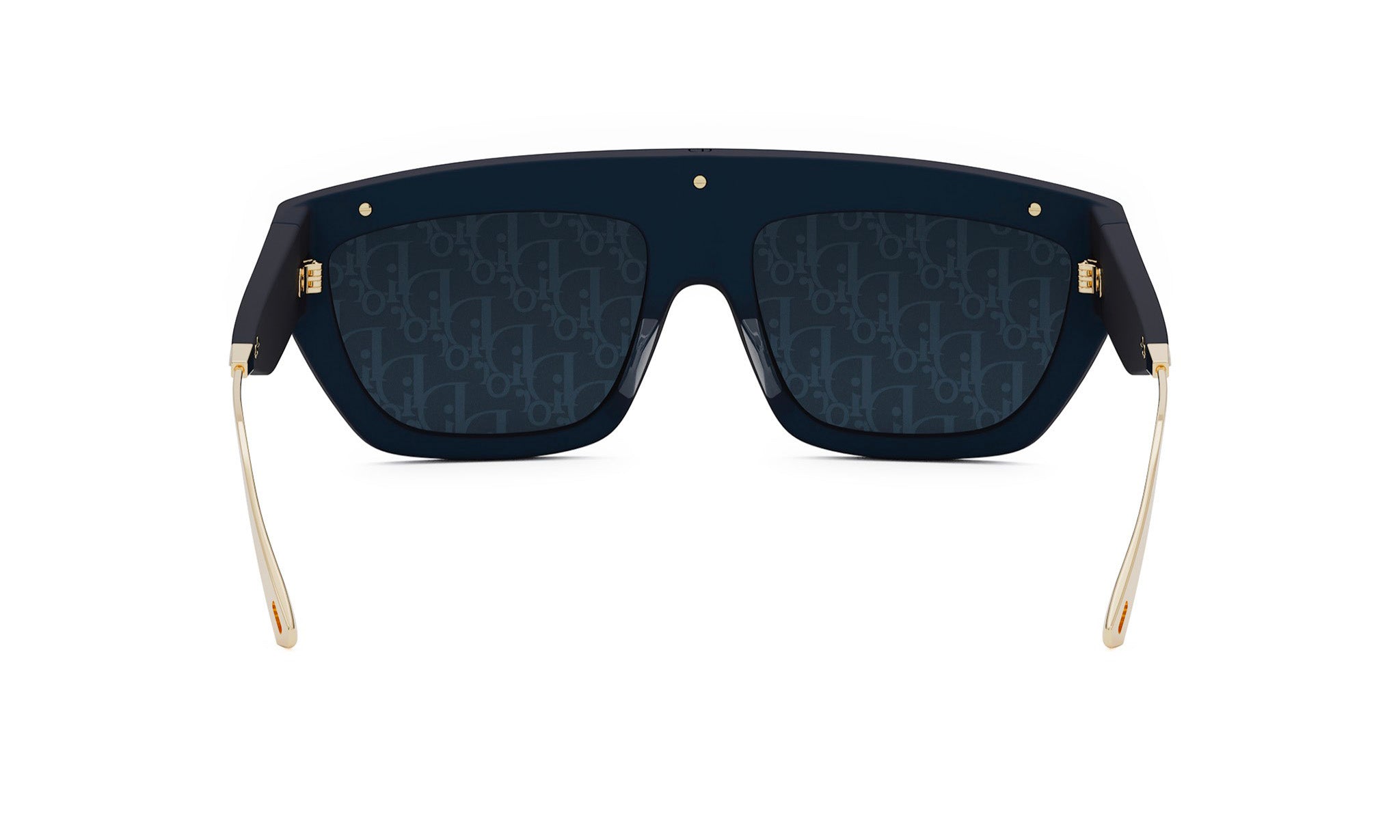 A pair of black sunglasses with gold accents, featuring a repeating pattern on the lenses.