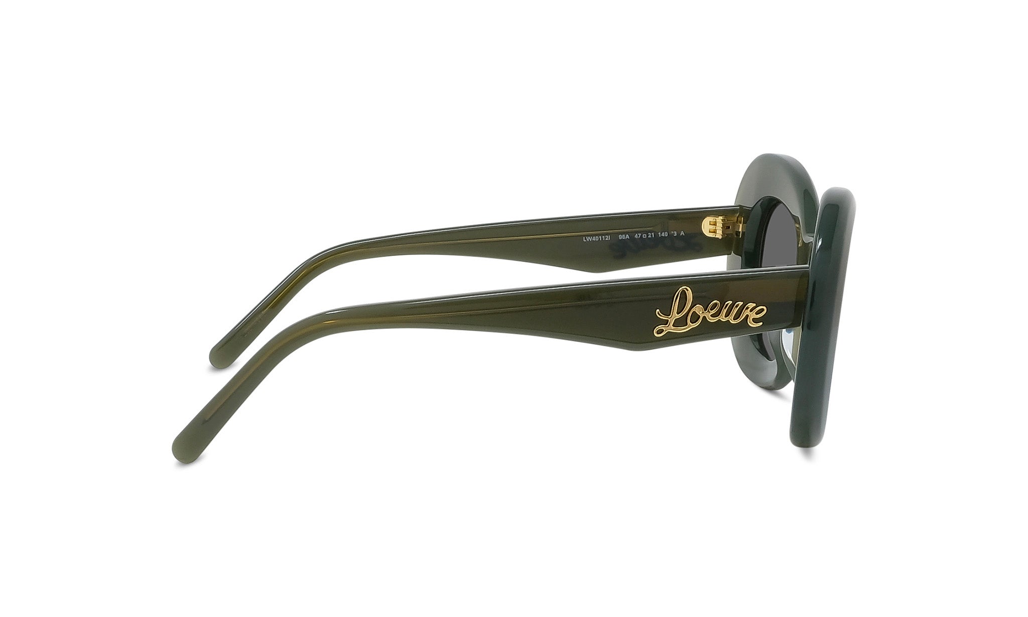 A pair of dark green sunglasses with gold text on the frame.