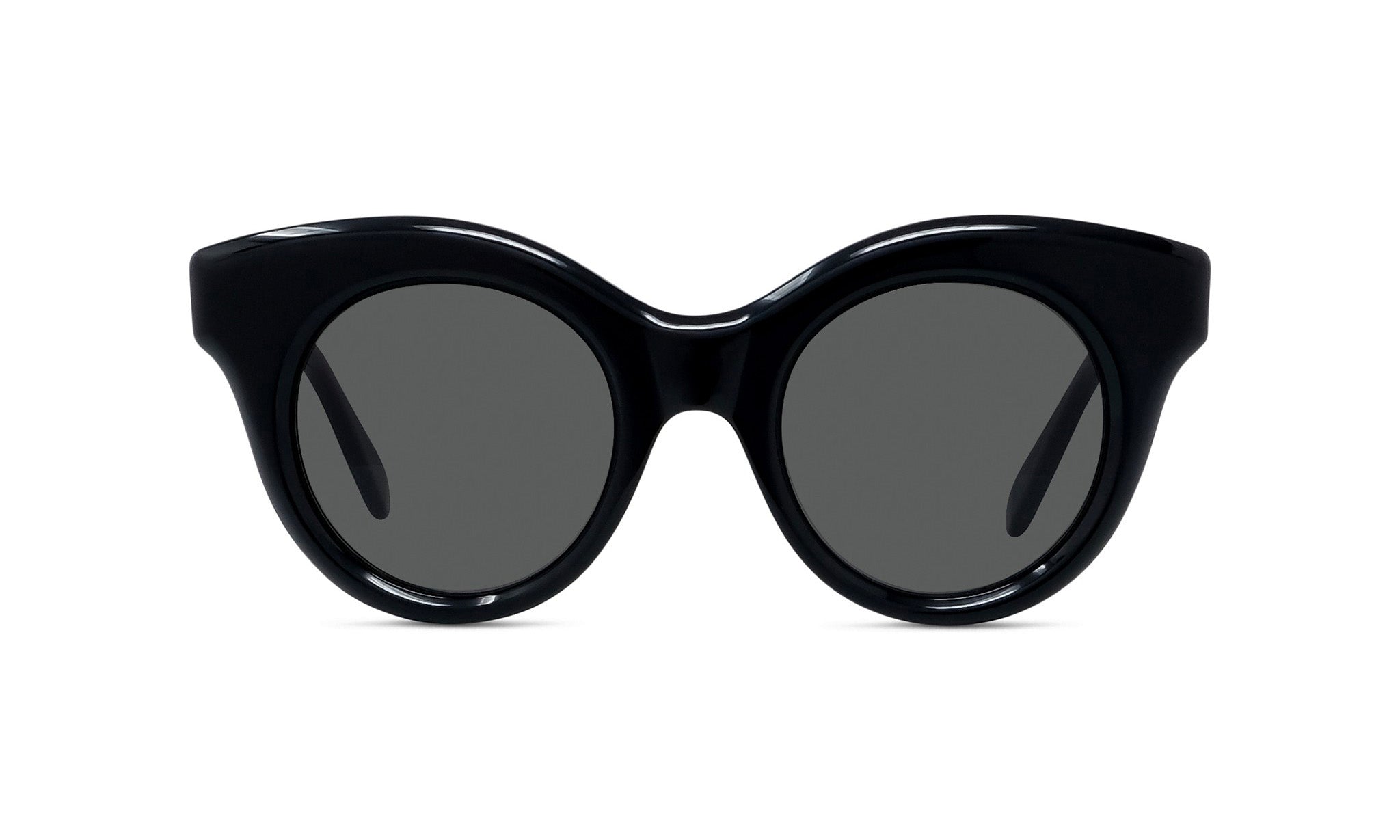 A pair of black cat-eye sunglasses with dark lenses.