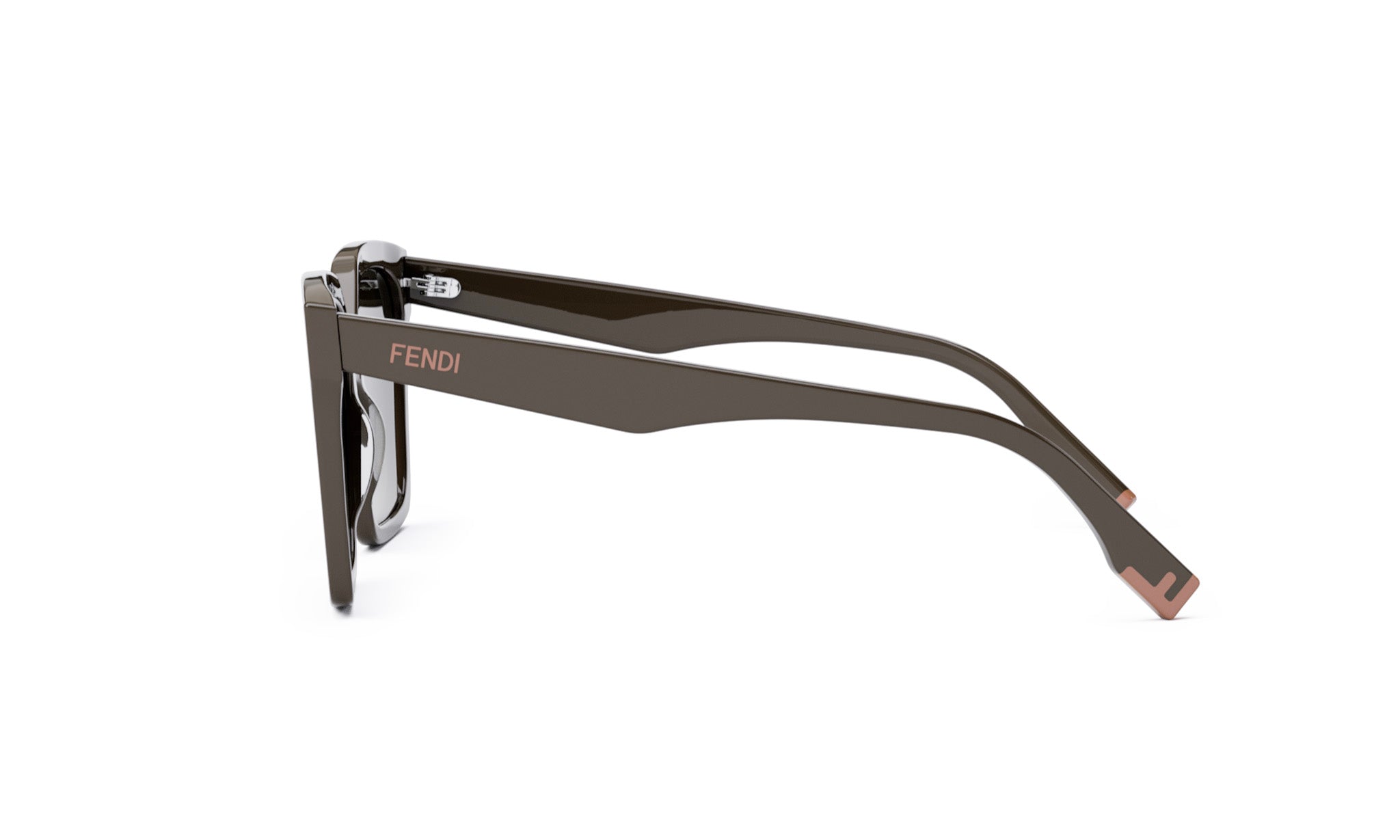A pair of dark-colored sunglasses with the Fendi logo visible on the frame.
