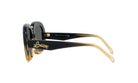 A pair of stylish sunglasses with a black frame and gold accents.