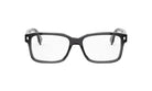 A pair of black-framed glasses with clear lenses, set against a white background.