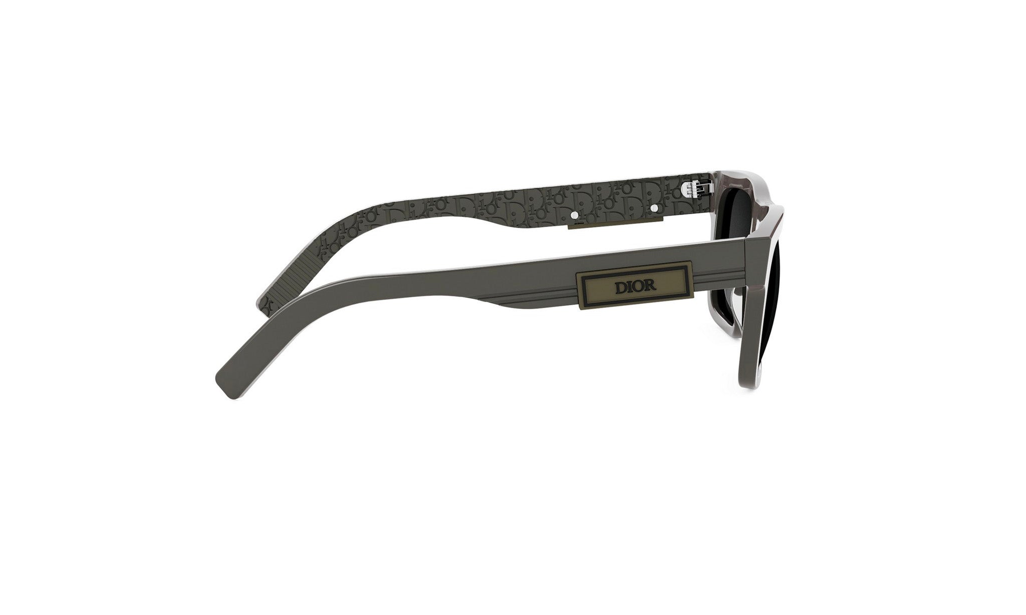 A pair of dark-colored sunglasses with a Dior logo on the frame.