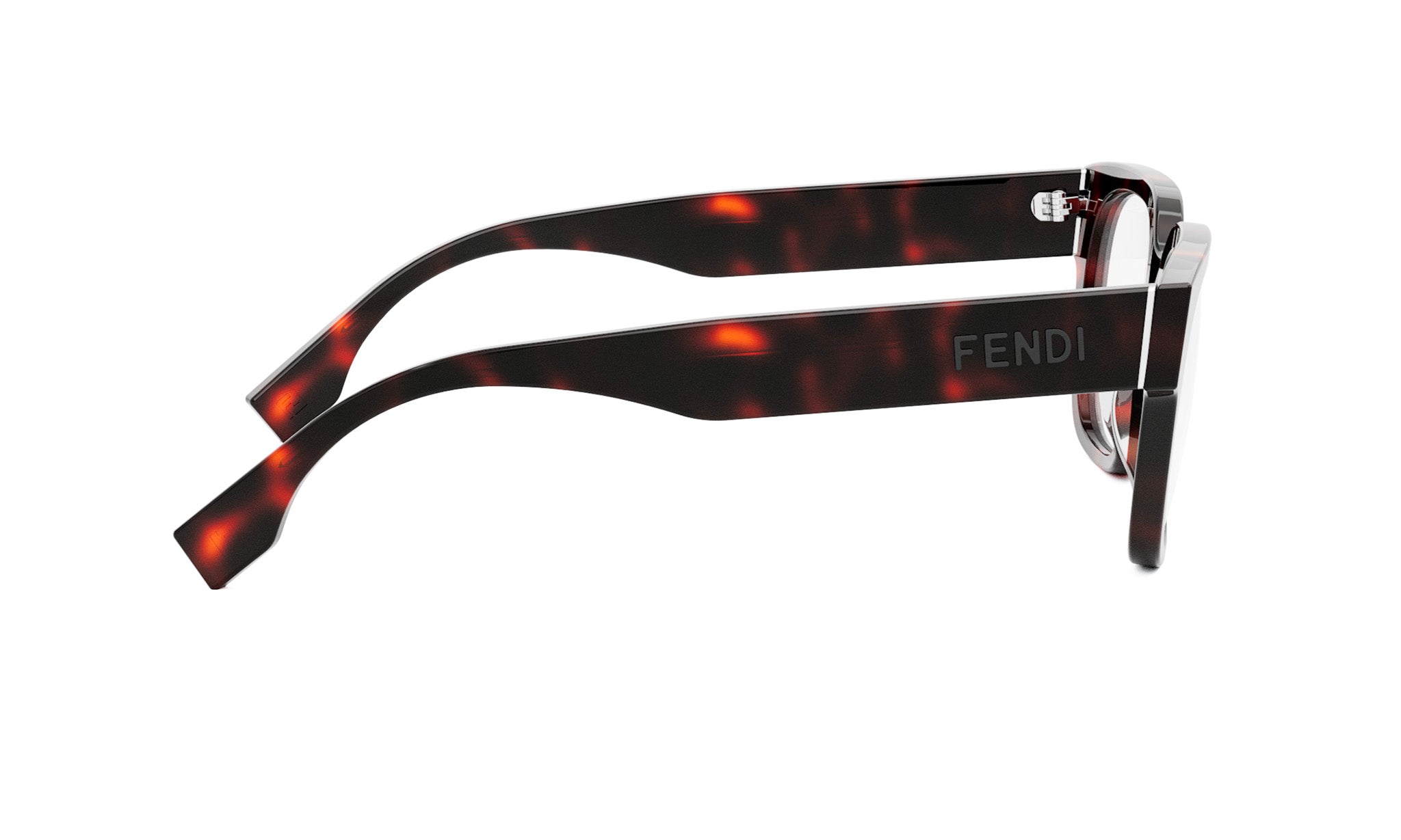 A pair of dark-framed glasses with a tortoiseshell pattern and the Fendi logo on the temples.
