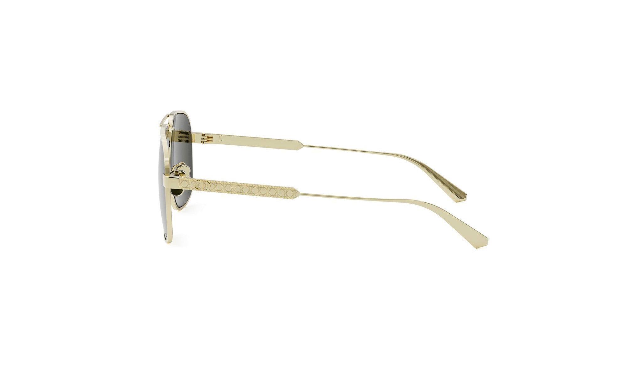 A pair of gold-colored sunglasses with a geometric pattern on the frame.