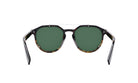 A pair of sunglasses with dark green lenses and a black frame.