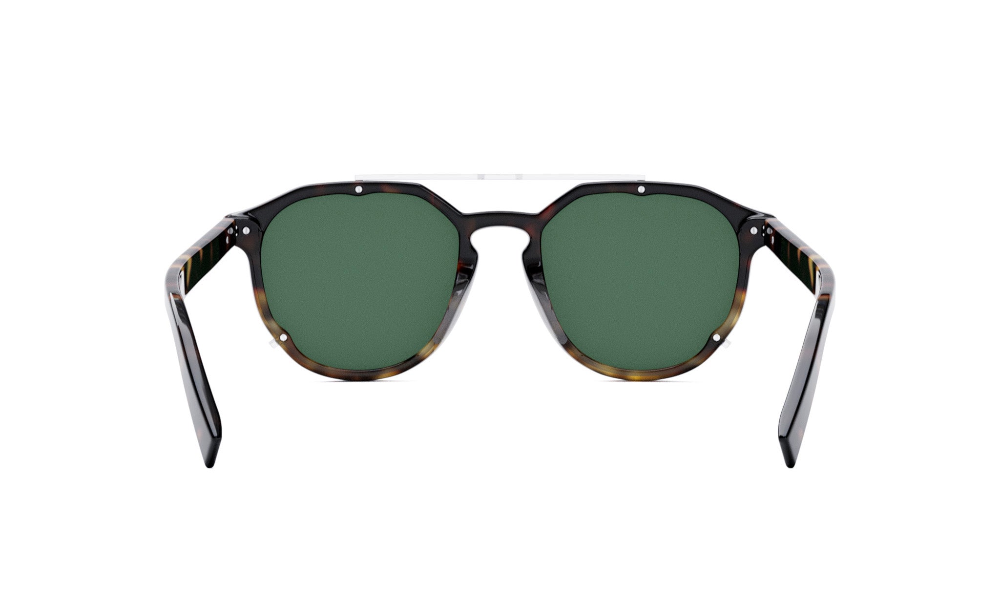 A pair of sunglasses with dark green lenses and a black frame.