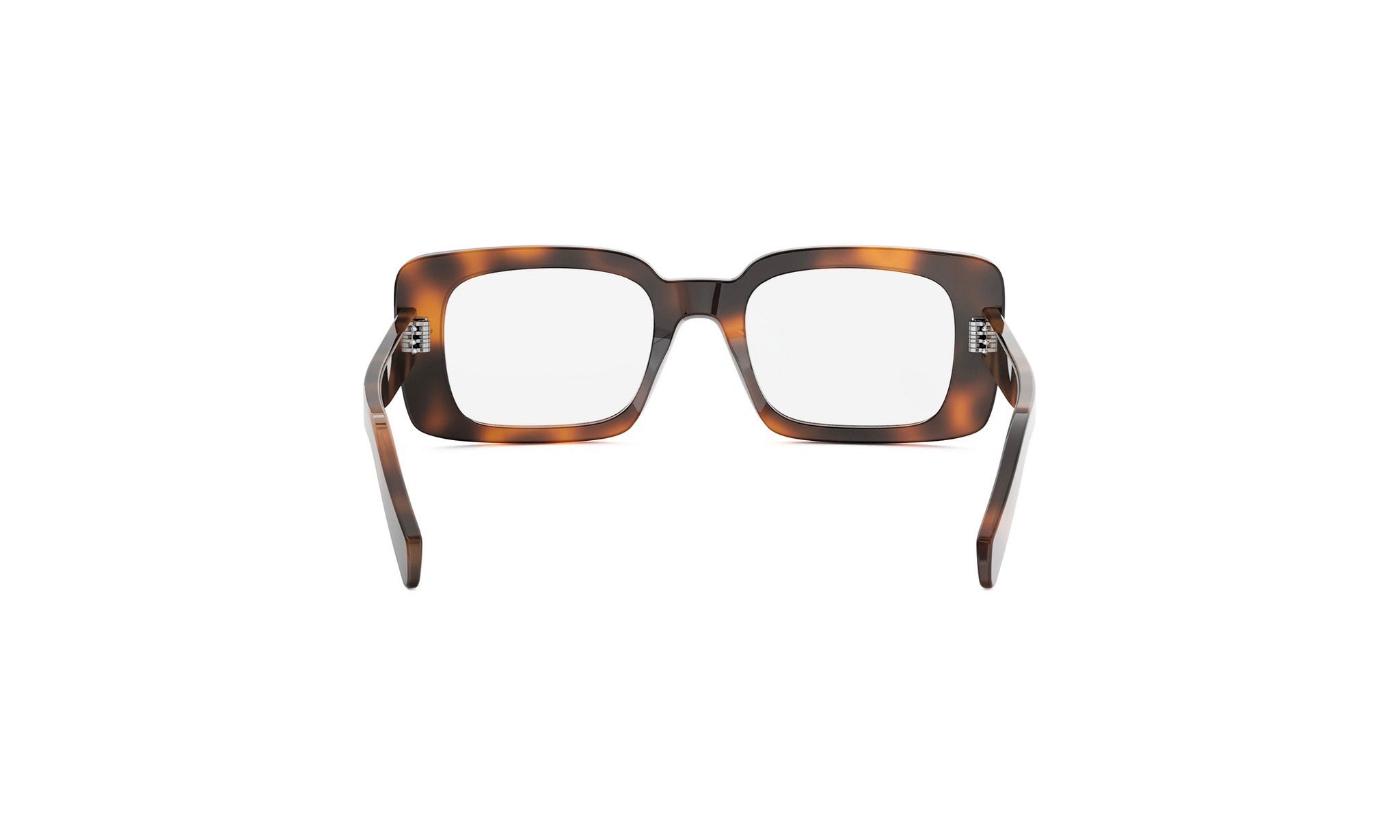 A pair of brown-framed glasses with white lenses, facing forward.