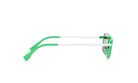 A pair of green-framed sunglasses with white arms is shown against a white background.
