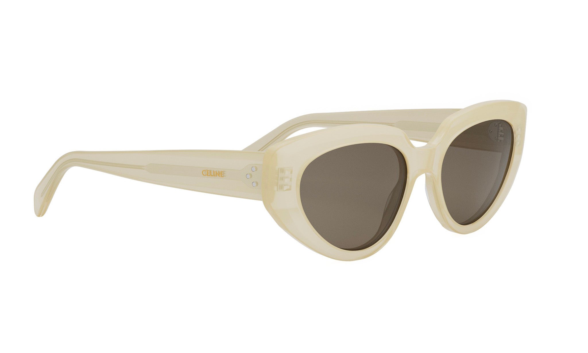 A pair of white cat-eye sunglasses with dark lenses.