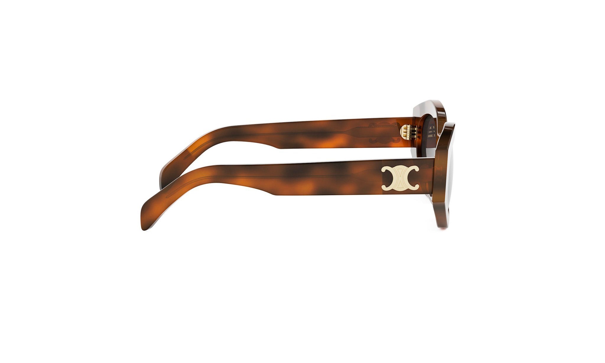 A pair of brown sunglasses with a white C logo on the frame.