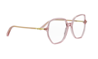 A pair of pink-framed glasses with gold accents.