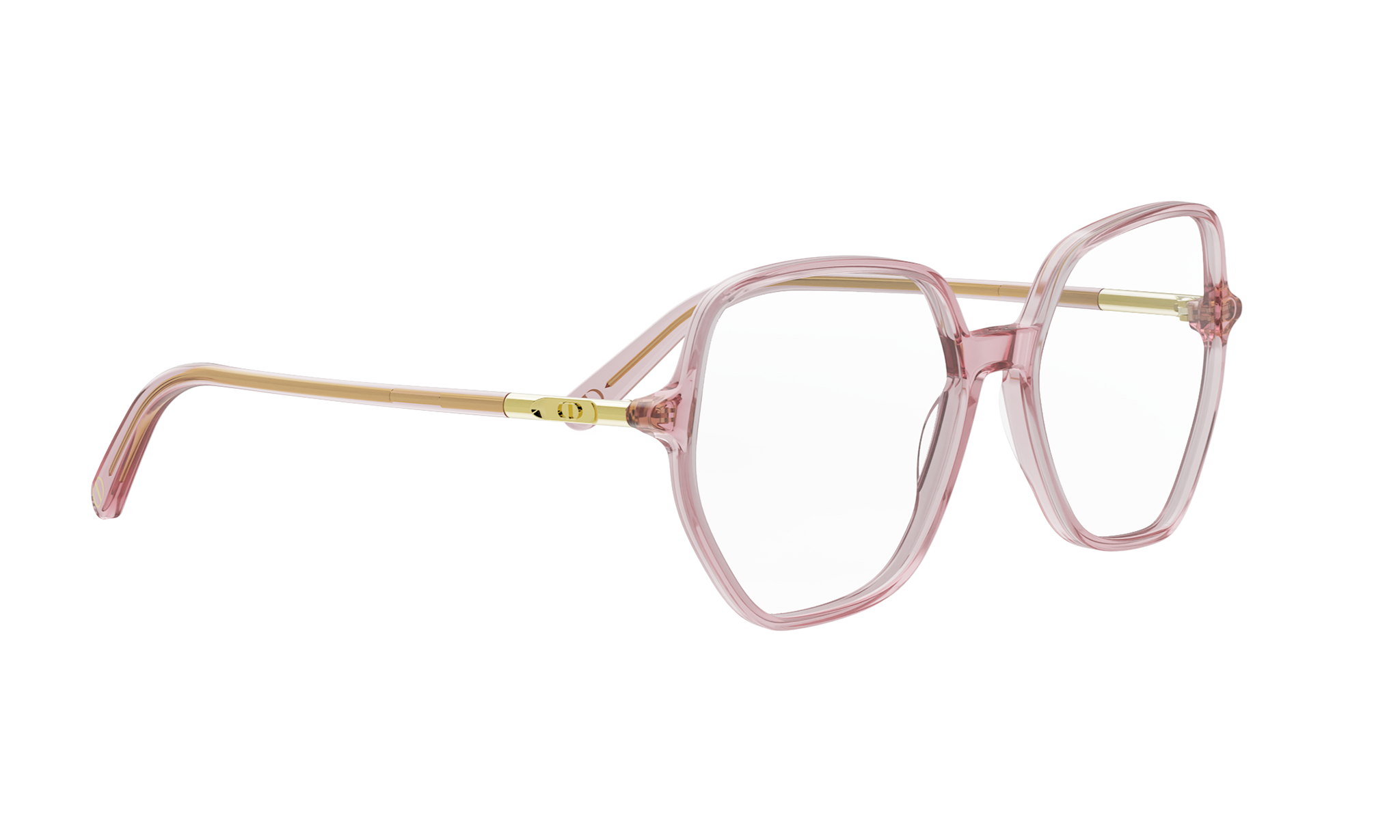 A pair of pink-framed glasses with gold accents.