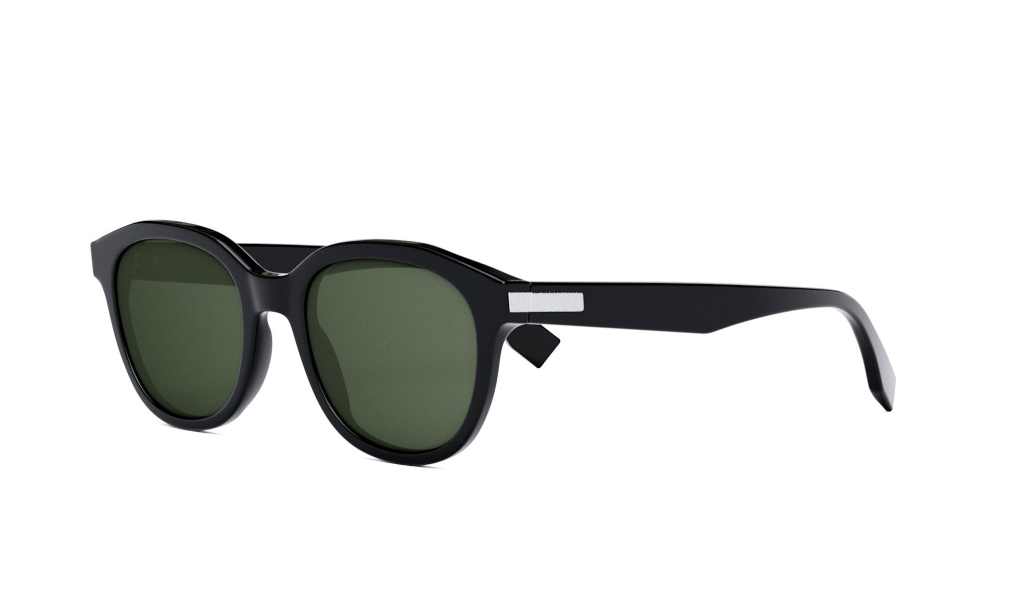 A pair of black sunglasses with dark green lenses.