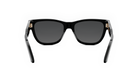 A pair of black sunglasses with dark lenses.