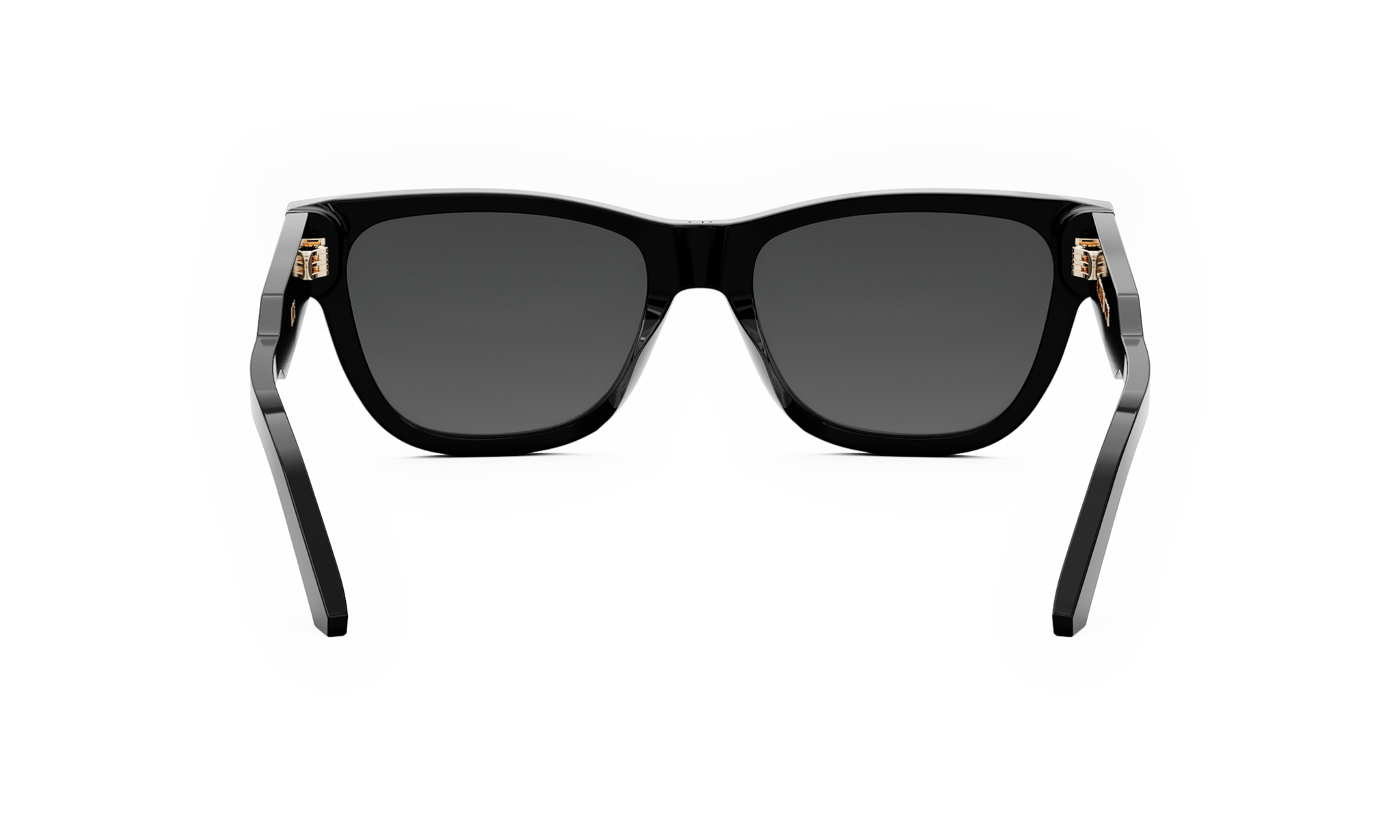 A pair of black sunglasses with dark lenses.