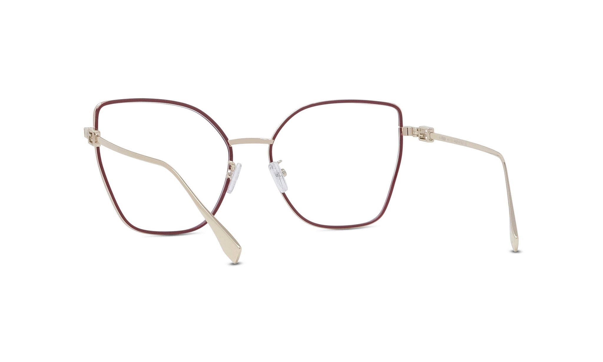 A pair of stylish, modern-looking glasses with a maroon frame and silver metal arms.