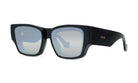 A pair of black sunglasses with a mirrored frame.
