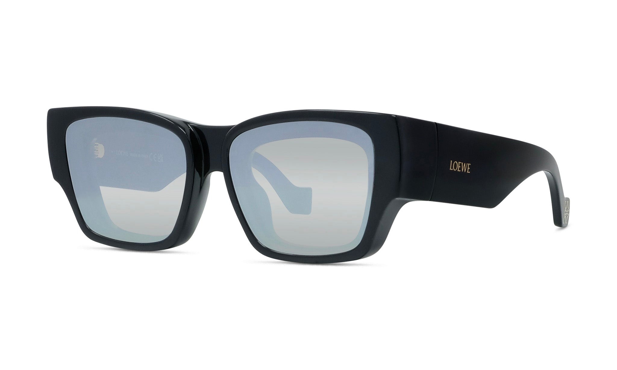 A pair of black sunglasses with a mirrored frame.