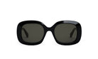 A pair of black sunglasses with dark lenses.