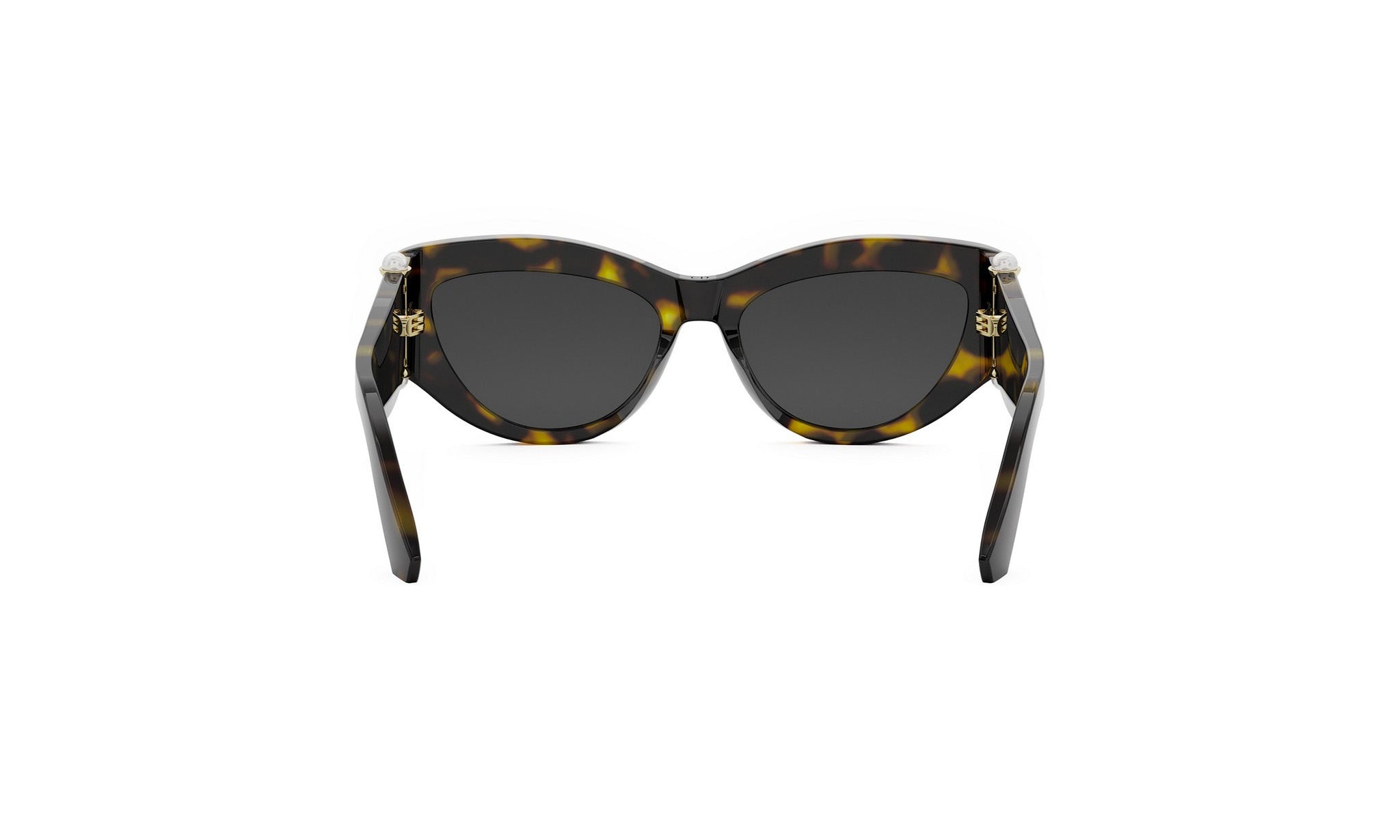 A pair of sunglasses with dark tortoiseshell frames and dark lenses.