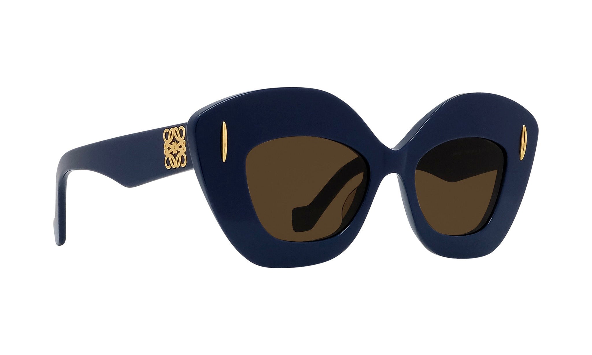 A pair of stylish blue sunglasses with gold accents.