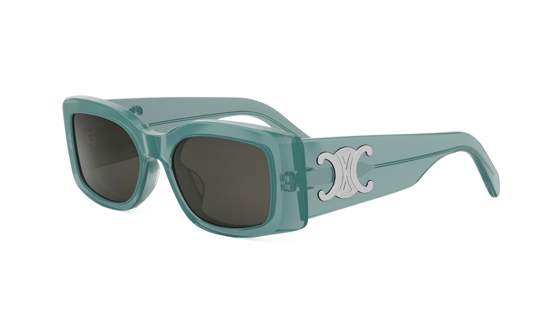 A pair of green-framed sunglasses with dark lenses.
