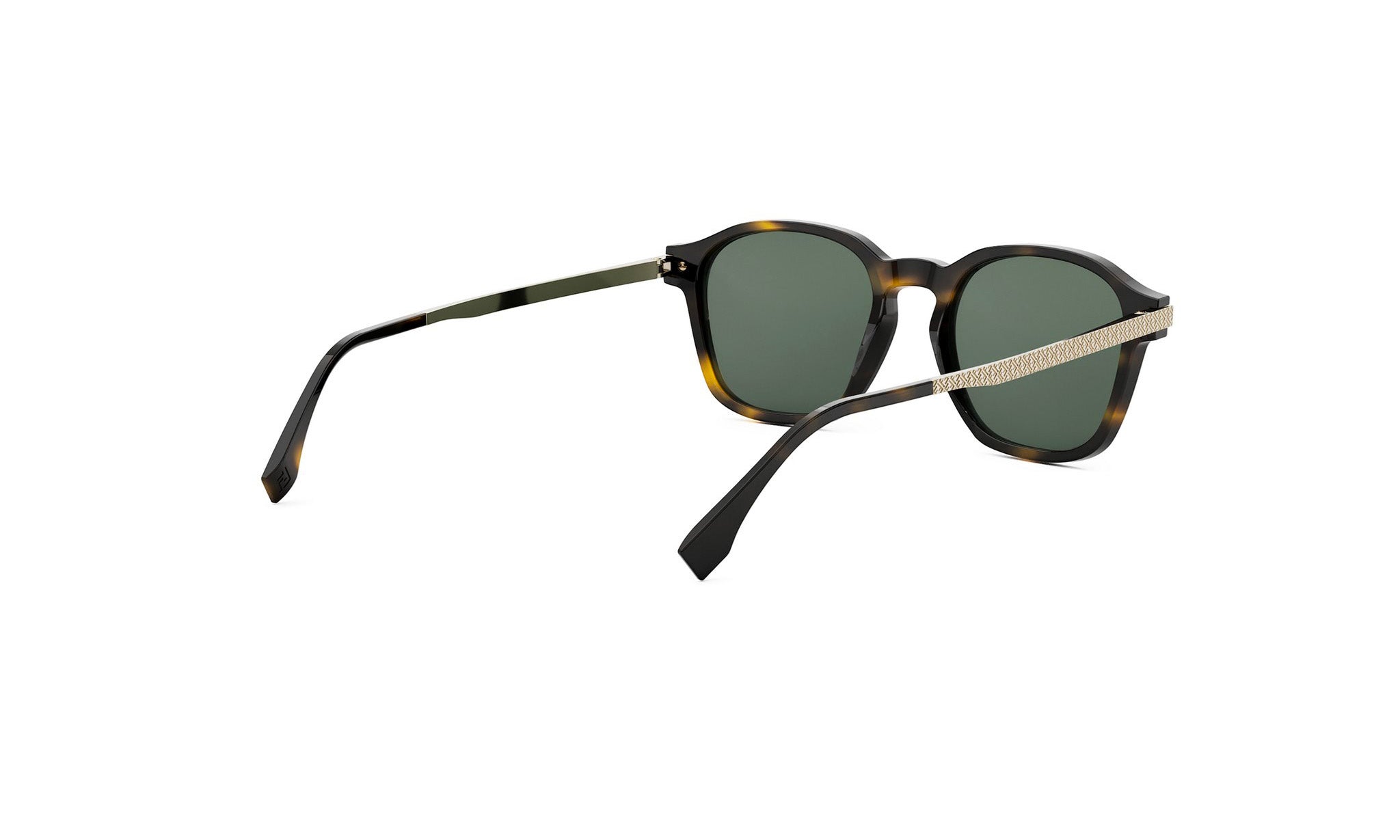 A pair of dark-framed sunglasses with green lenses.