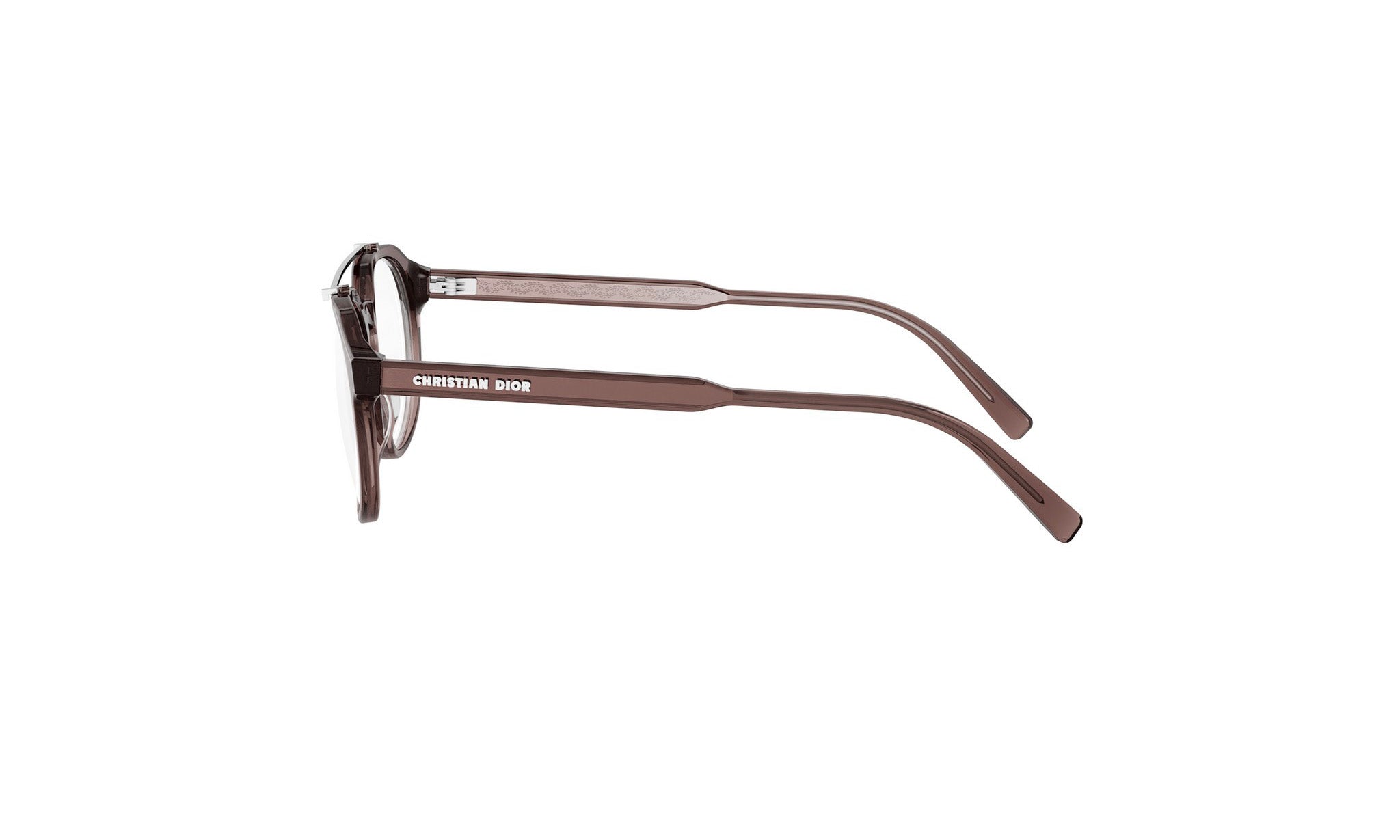 A pair of brown-framed glasses with the brand name "CHRISTIAN DIOR" printed on the side.